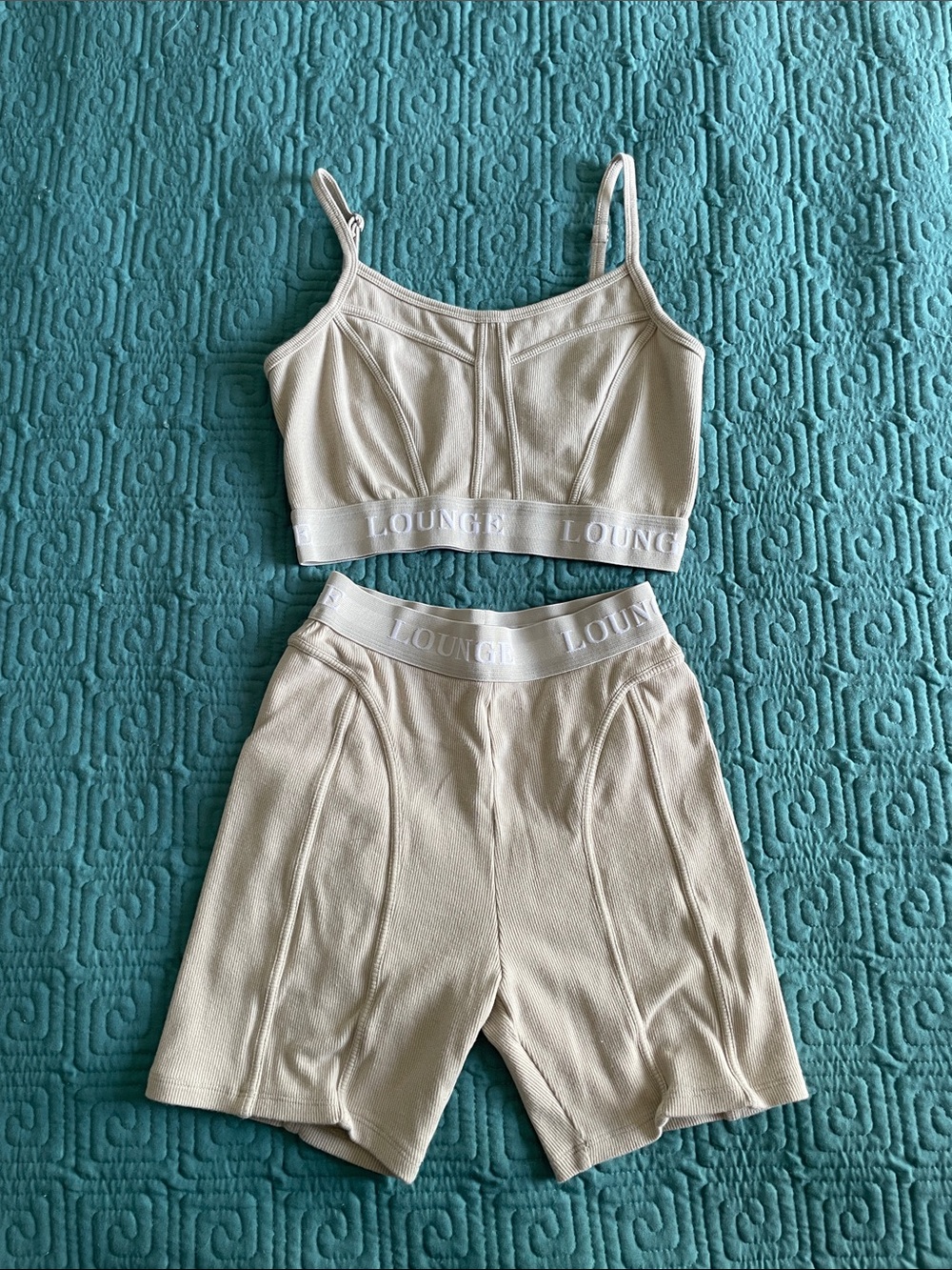 Lounge Ribbed Crop Bralette & Biker Short Set — Cream